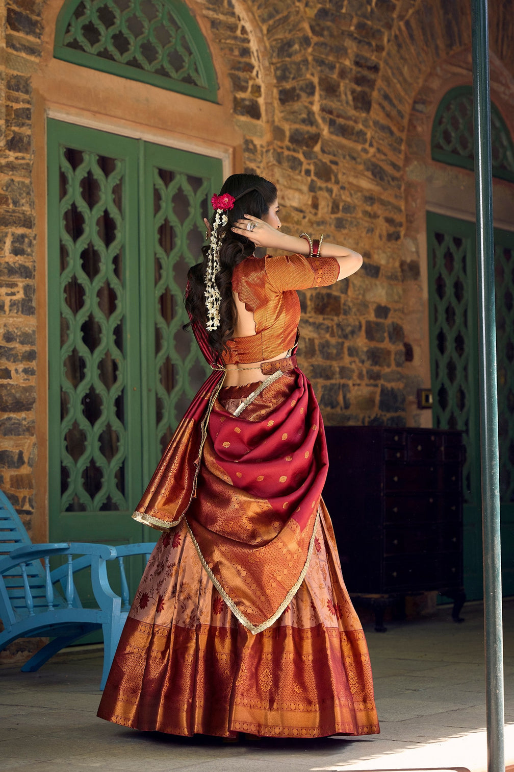 Brown Jacquard Silk Lehenga Choli Set with Zari Work