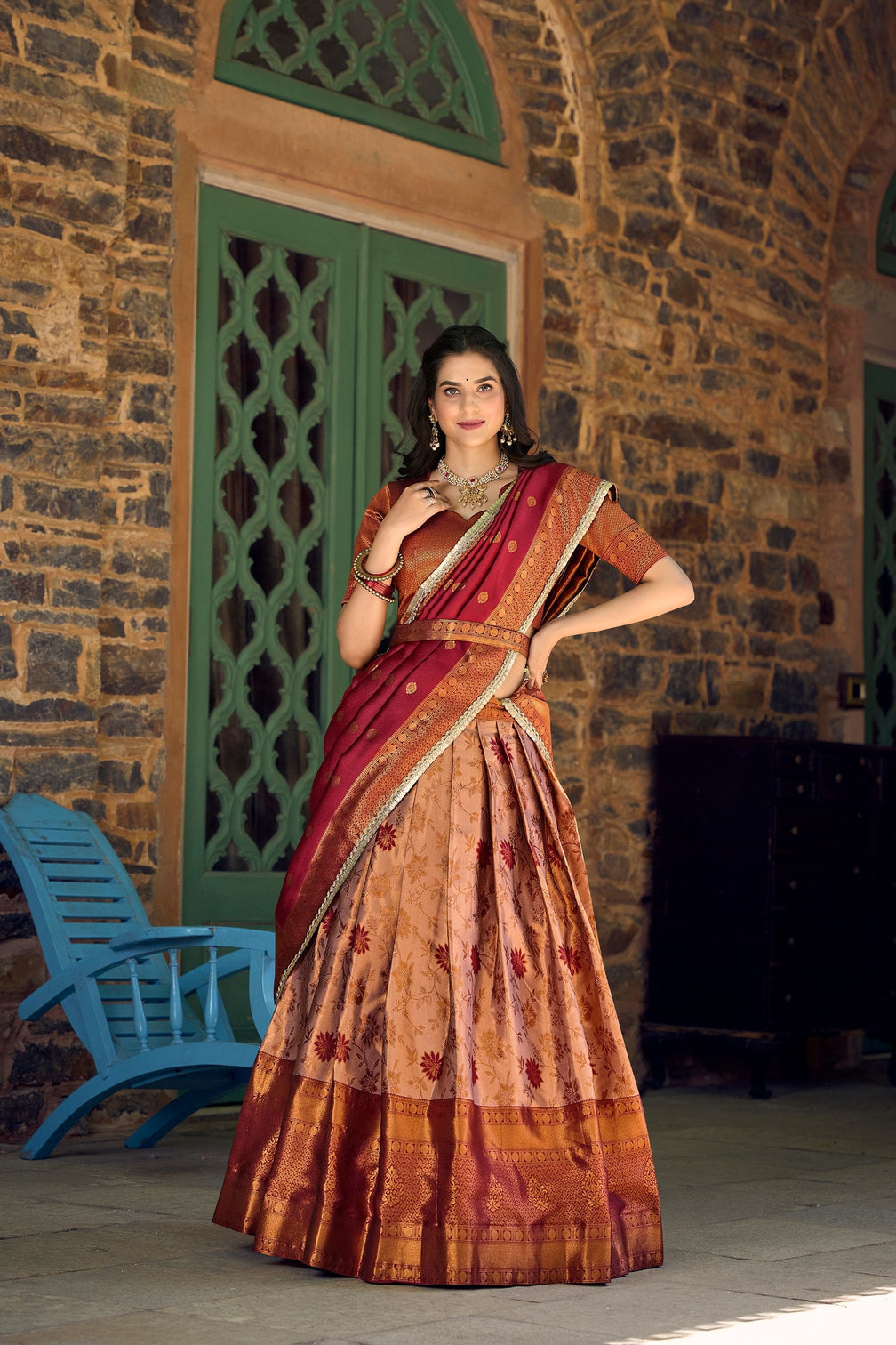 Brown Jacquard Silk Lehenga Choli Set with Zari Work