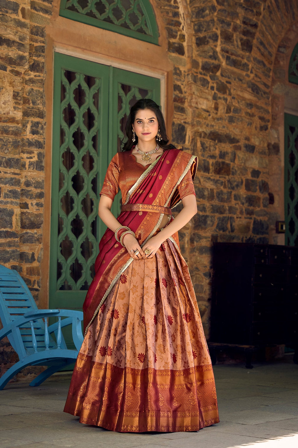 Brown Jacquard Silk Lehenga Choli Set with Zari Work