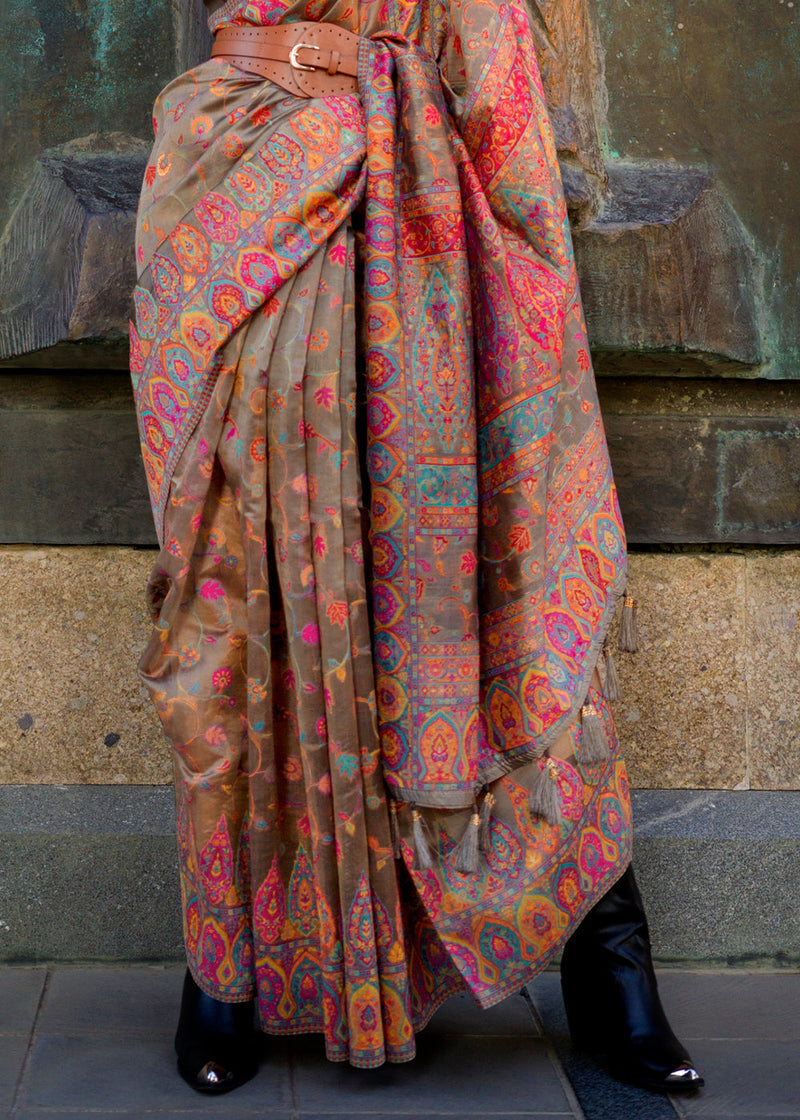 Brown Jamawar Woven Organza Silk Saree – Traditional Elegance with Blouse Piece