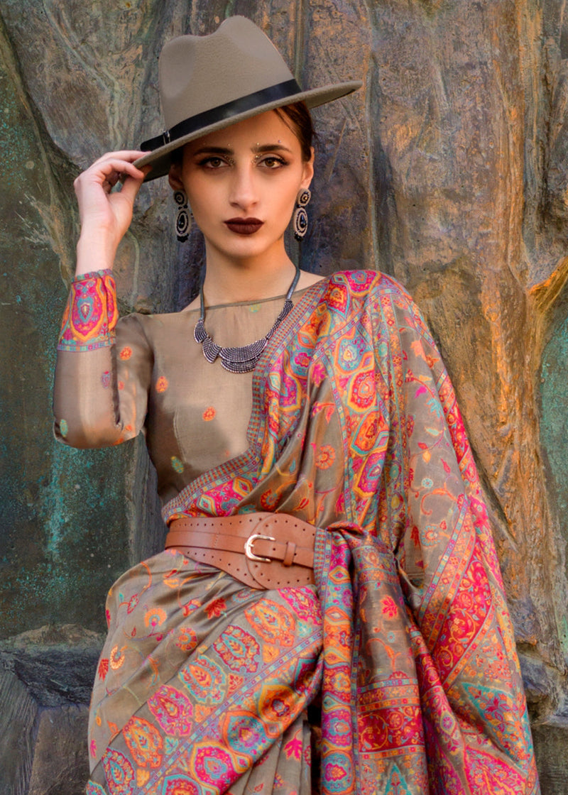 Brown Jamawar Woven Organza Silk Saree – Traditional Elegance with Blouse Piece