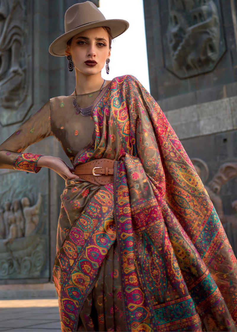 Brown Jamawar Woven Organza Silk Saree – Traditional Elegance with Blouse Piece