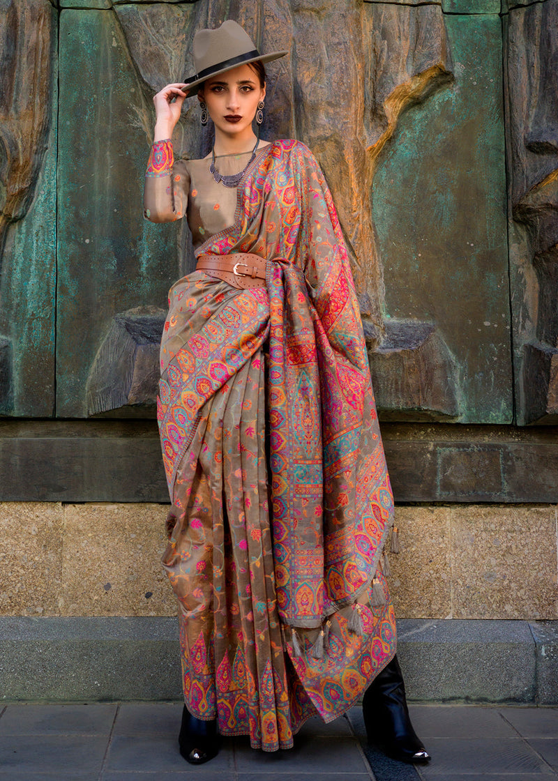Brown Jamawar Woven Organza Silk Saree – Traditional Elegance with Blouse Piece