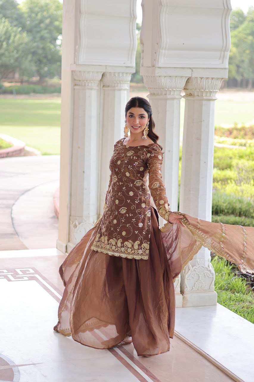 Brown Luxury Fendy Silk Sequins Embroidered Kurti with Sharara & Matching Cut-Work Dupatta Party & Festive Wear Set