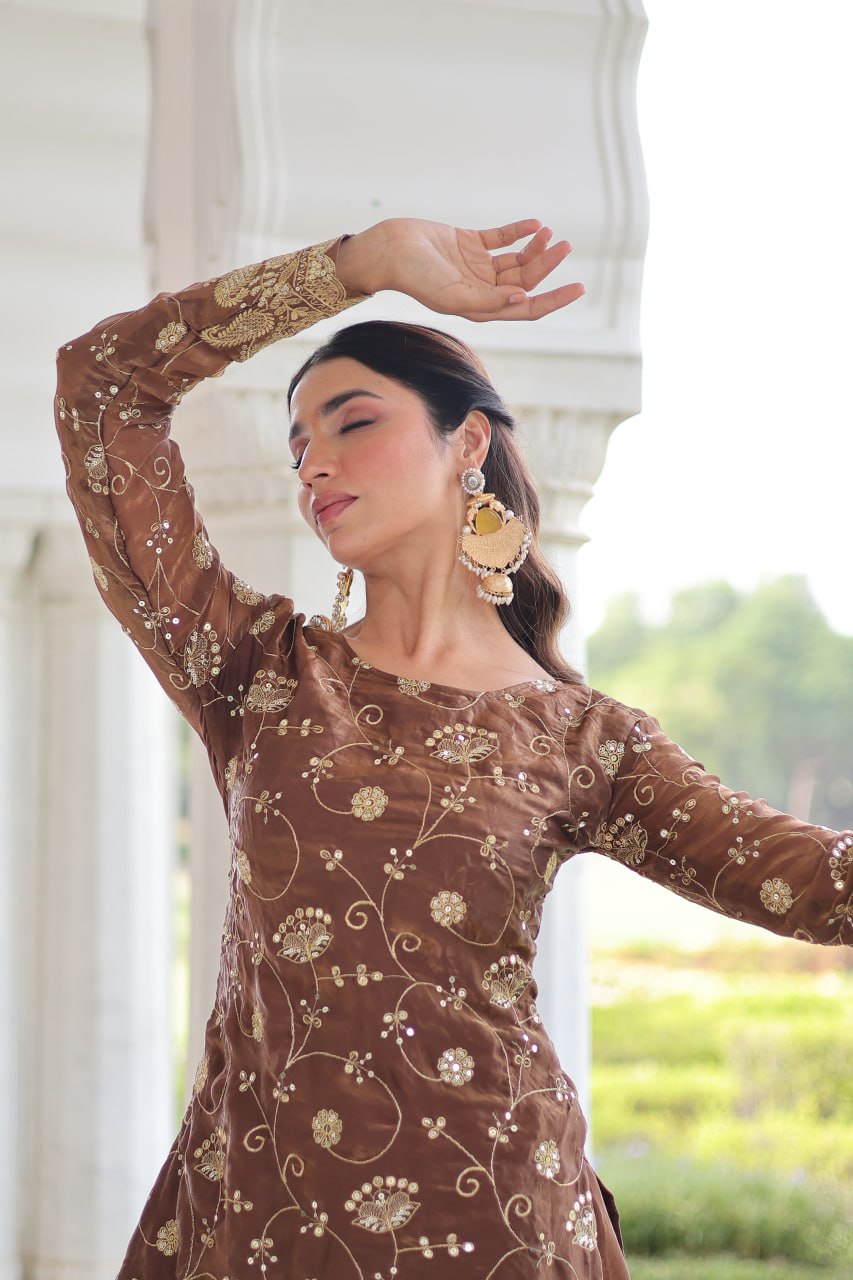 Brown Luxury Fendy Silk Sequins Embroidered Kurti with Sharara & Matching Cut-Work Dupatta Party & Festive Wear Set