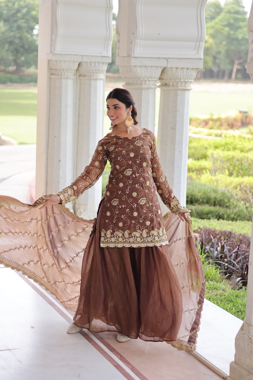 Brown Luxury Fendy Silk Sequins Embroidered Kurti with Sharara & Matching Cut-Work Dupatta Party & Festive Wear Set
