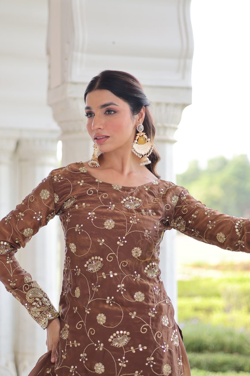 Brown Luxury Fendy Silk Sequins Embroidered Kurti with Sharara & Matching Cut-Work Dupatta Party & Festive Wear Set
