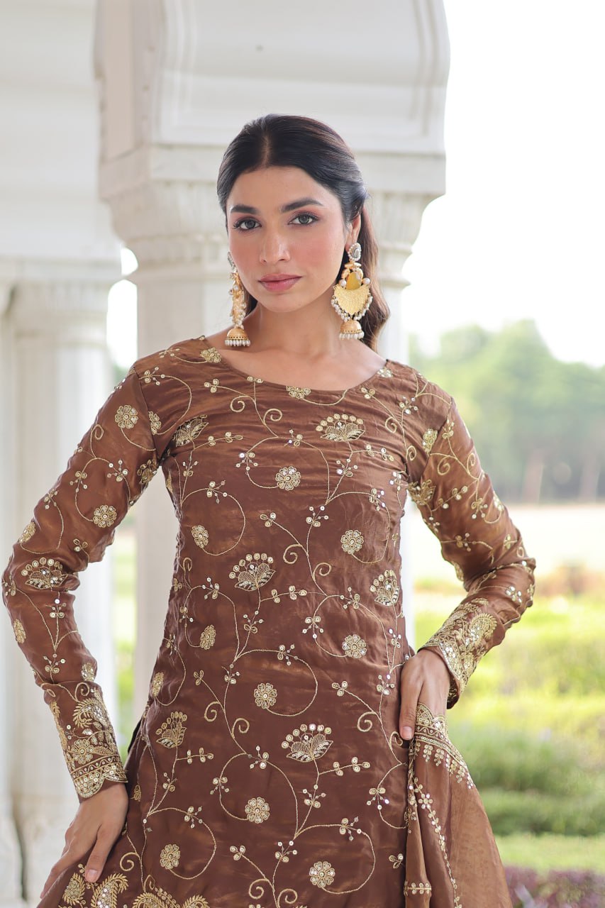 Brown Luxury Fendy Silk Sequins Embroidered Kurti with Sharara & Matching Cut-Work Dupatta Party & Festive Wear Set