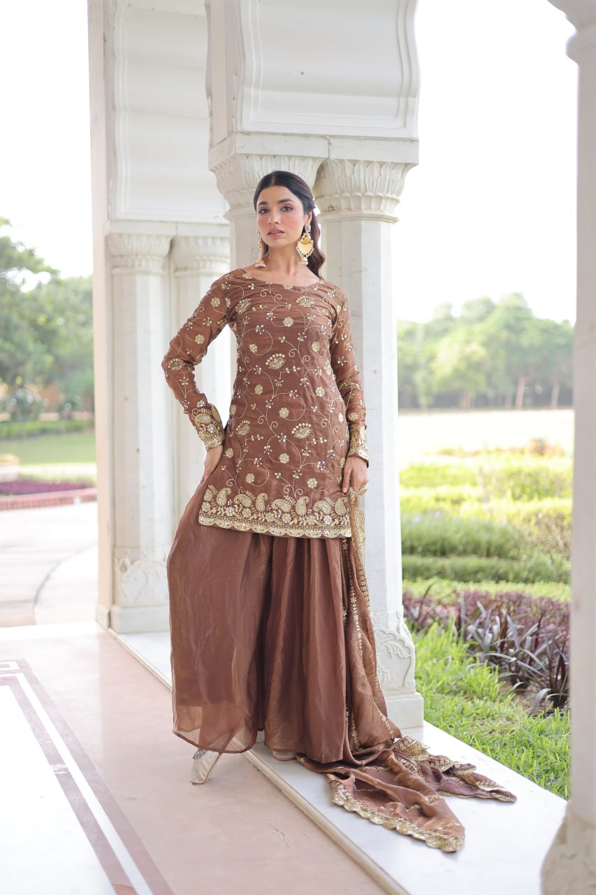 Brown Luxury Fendy Silk Sequins Embroidered Kurti with Sharara & Matching Cut-Work Dupatta Party & Festive Wear Set