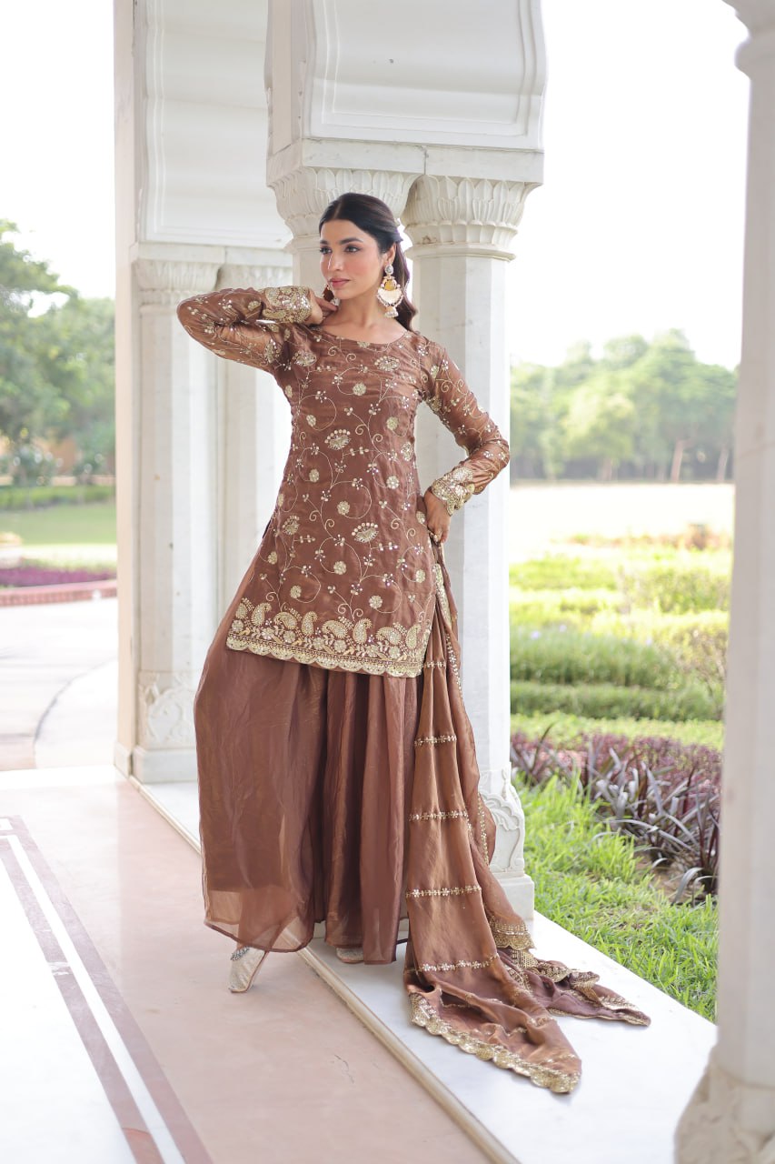 Brown Luxury Fendy Silk Sequins Embroidered Kurti with Sharara & Matching Cut-Work Dupatta Party & Festive Wear Set