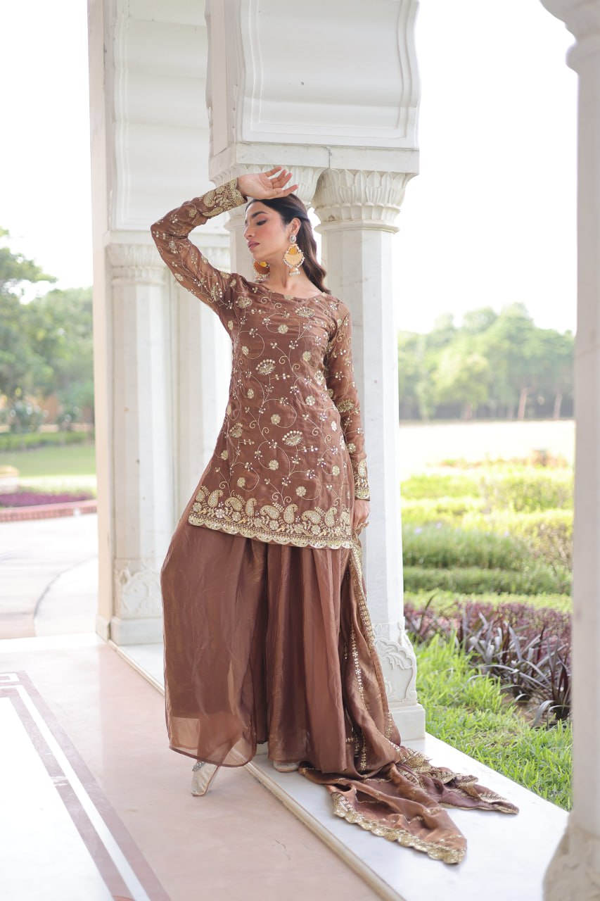 Brown Luxury Fendy Silk Sequins Embroidered Kurti with Sharara & Matching Cut-Work Dupatta Party & Festive Wear Set