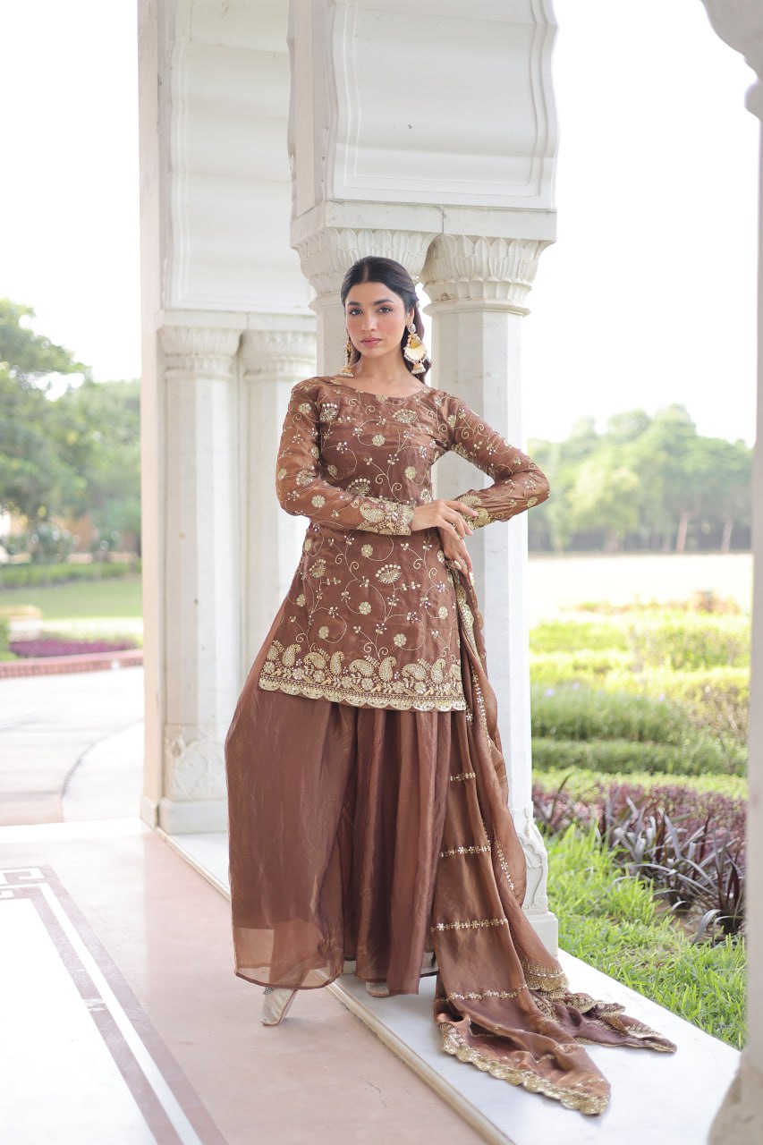 Brown Luxury Fendy Silk Sequins Embroidered Kurti with Sharara & Matching Cut-Work Dupatta Party & Festive Wear Set