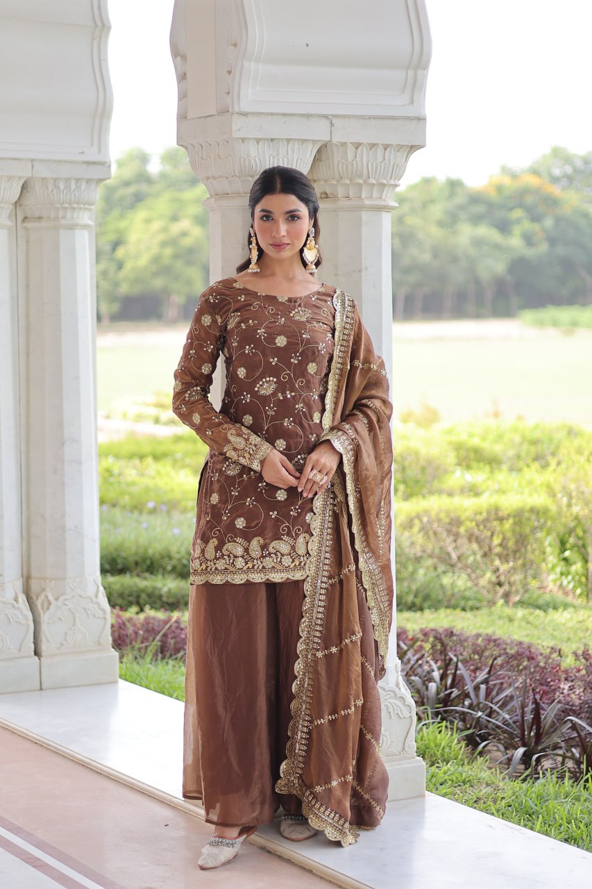 Brown Luxury Fendy Silk Sequins Embroidered Kurti with Sharara & Matching Cut-Work Dupatta Party & Festive Wear Set