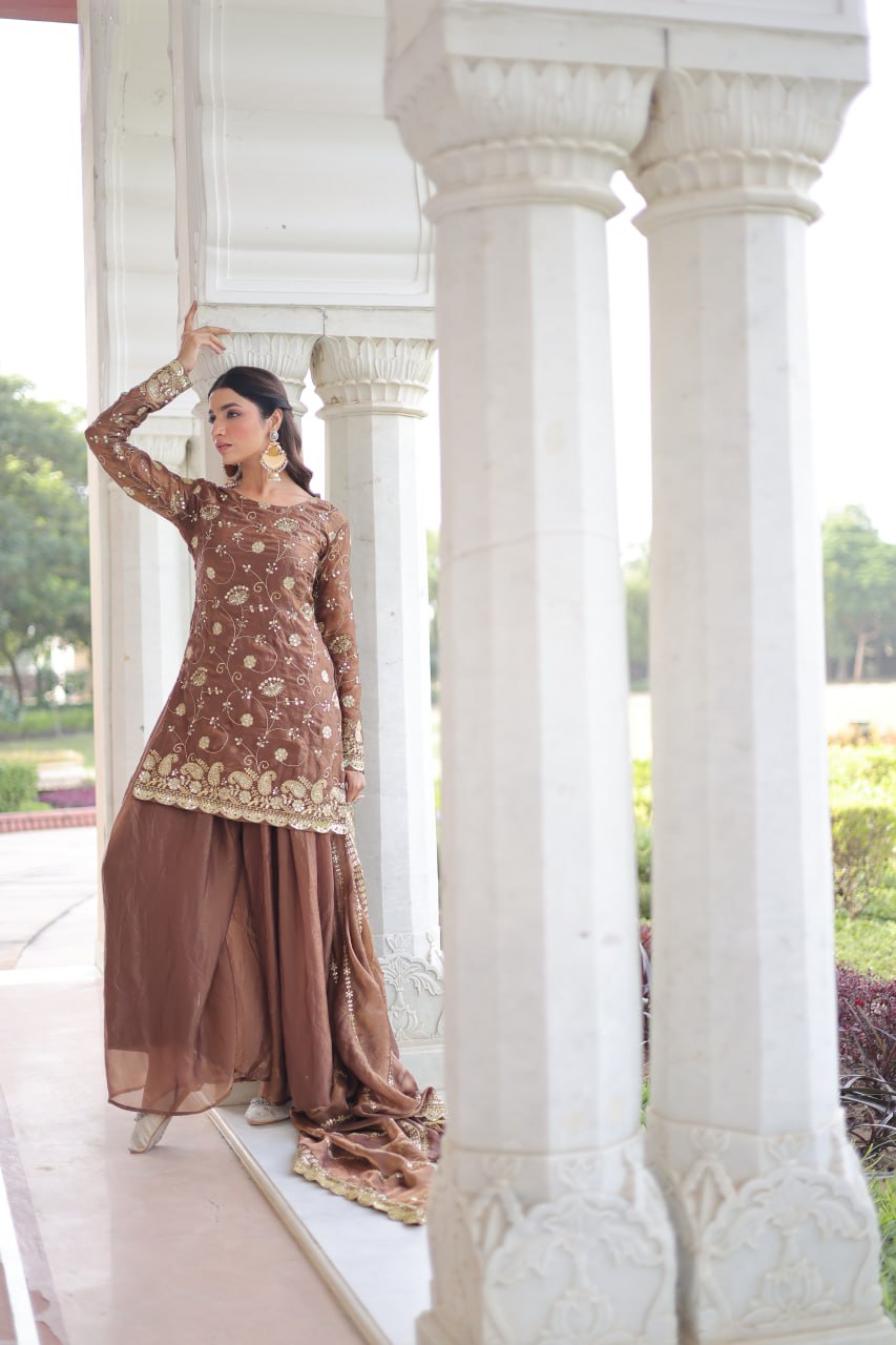 Brown Luxury Fendy Silk Sequins Embroidered Kurti with Sharara & Matching Cut-Work Dupatta Party & Festive Wear Set