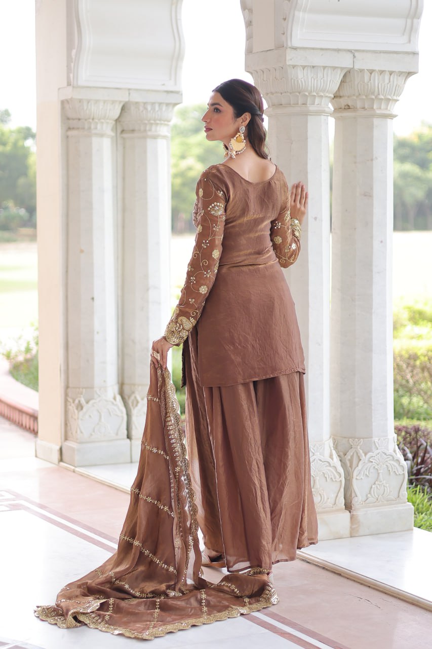 Brown Luxury Fendy Silk Sequins Embroidered Kurti with Sharara & Matching Cut-Work Dupatta Party & Festive Wear Set
