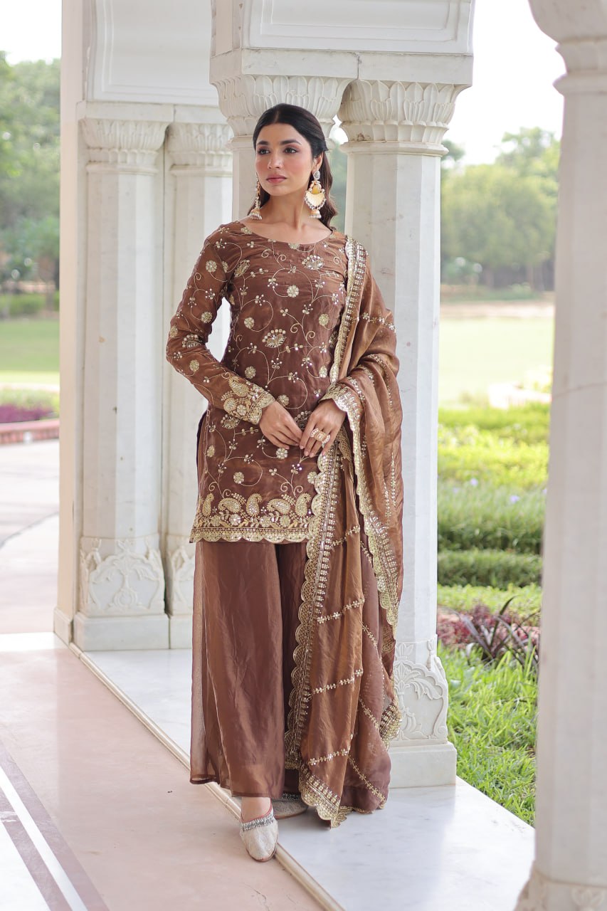 Brown Luxury Fendy Silk Sequins Embroidered Kurti with Sharara & Matching Cut-Work Dupatta Party & Festive Wear Set