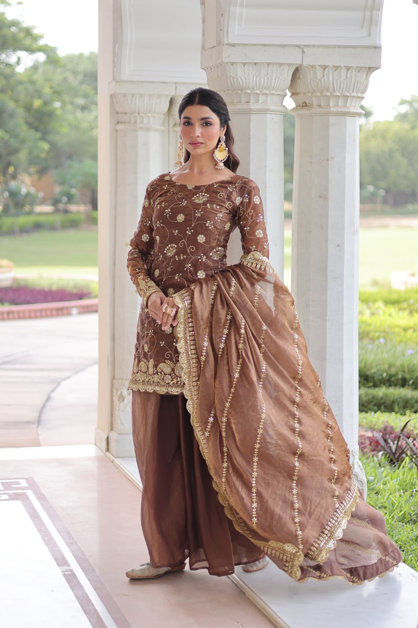 Brown Luxury Fendy Silk Sequins Embroidered Kurti with Sharara & Matching Cut-Work Dupatta Party & Festive Wear Set