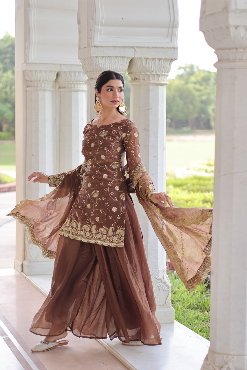 Brown Luxury Fendy Silk Sequins Embroidered Kurti with Sharara & Matching Cut-Work Dupatta Party & Festive Wear Set