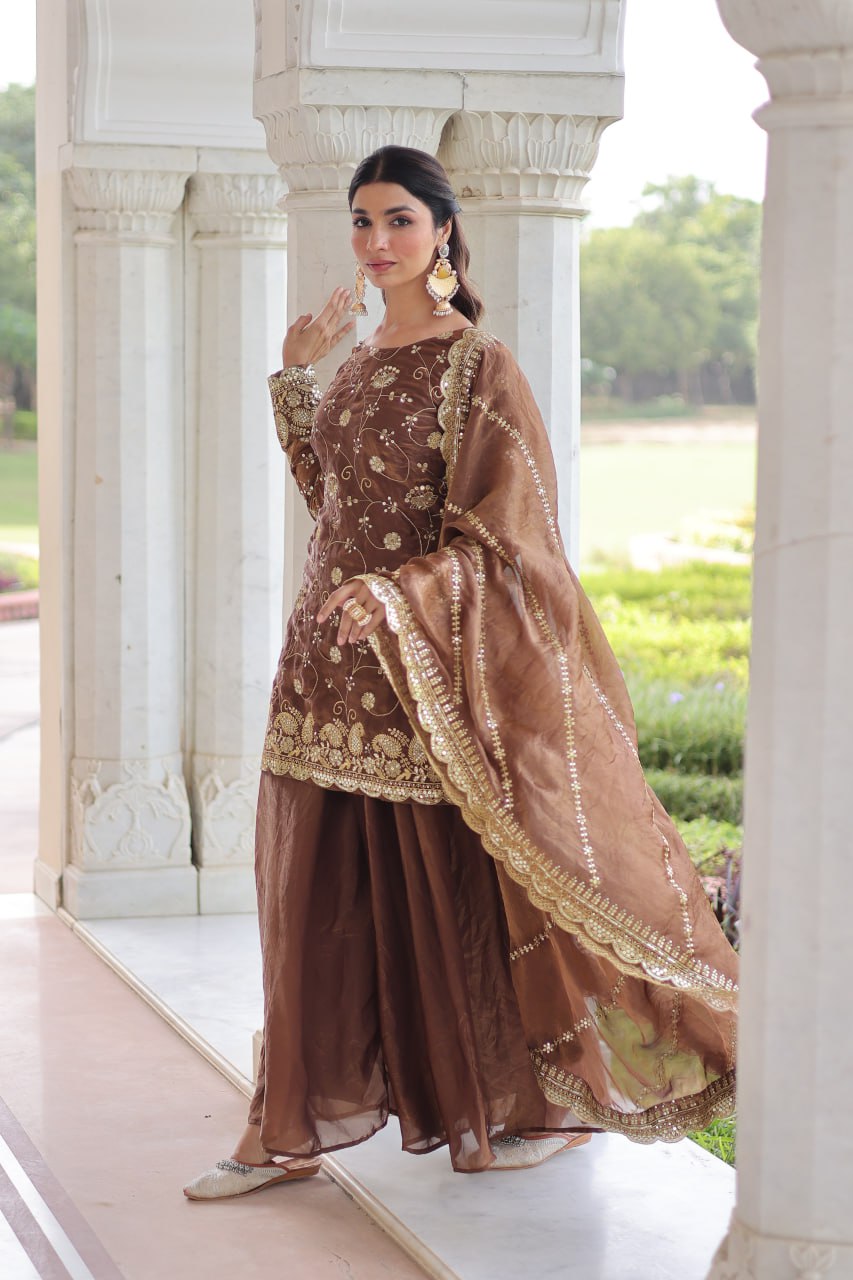Brown Luxury Fendy Silk Sequins Embroidered Kurti with Sharara & Matching Cut-Work Dupatta Party & Festive Wear Set