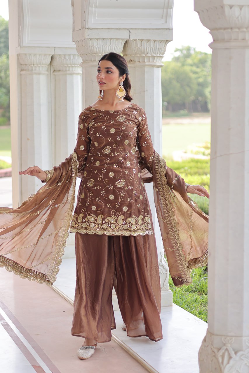 Brown Luxury Fendy Silk Sequins Embroidered Kurti with Sharara & Matching Cut-Work Dupatta Party & Festive Wear Set