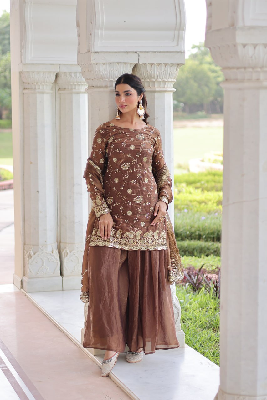 Brown Luxury Fendy Silk Sequins Embroidered Kurti with Sharara & Matching Cut-Work Dupatta Party & Festive Wear Set