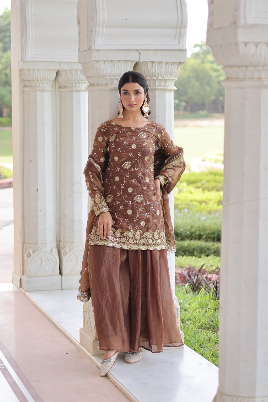 Brown Luxury Fendy Silk Sequins Embroidered Kurti with Sharara & Matching Cut-Work Dupatta Party & Festive Wear Set