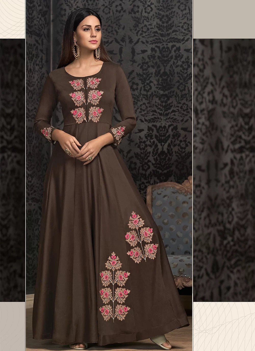 Brown muslin fancy gown party wear