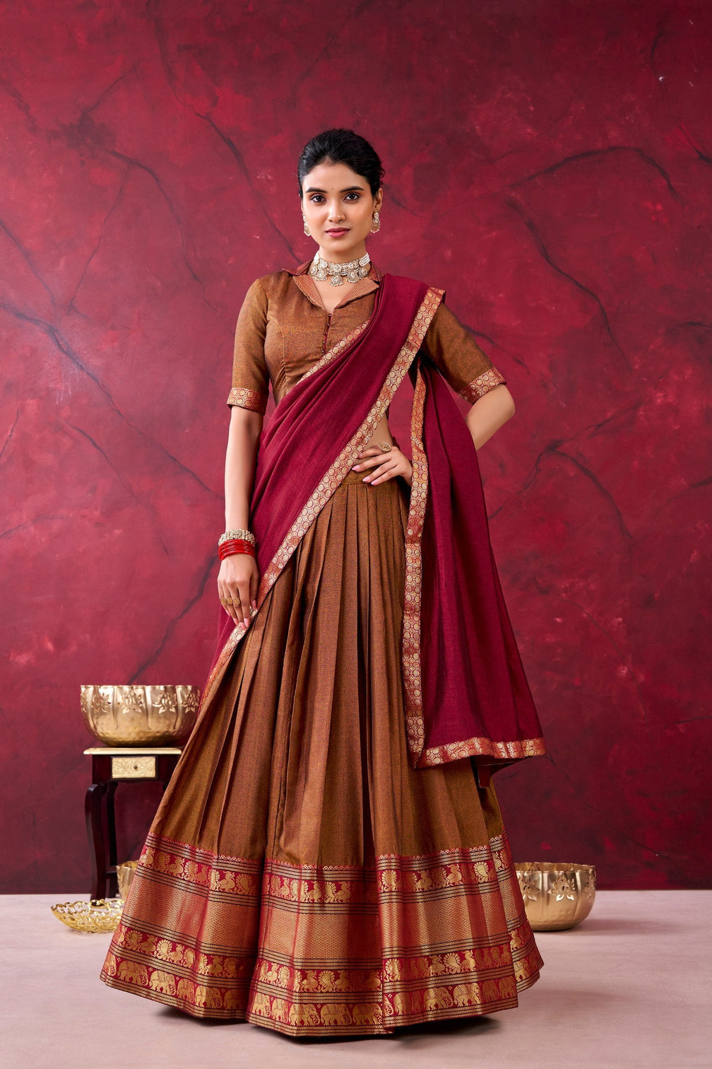 Brown Narayan Pet Cotton Lehenga Set