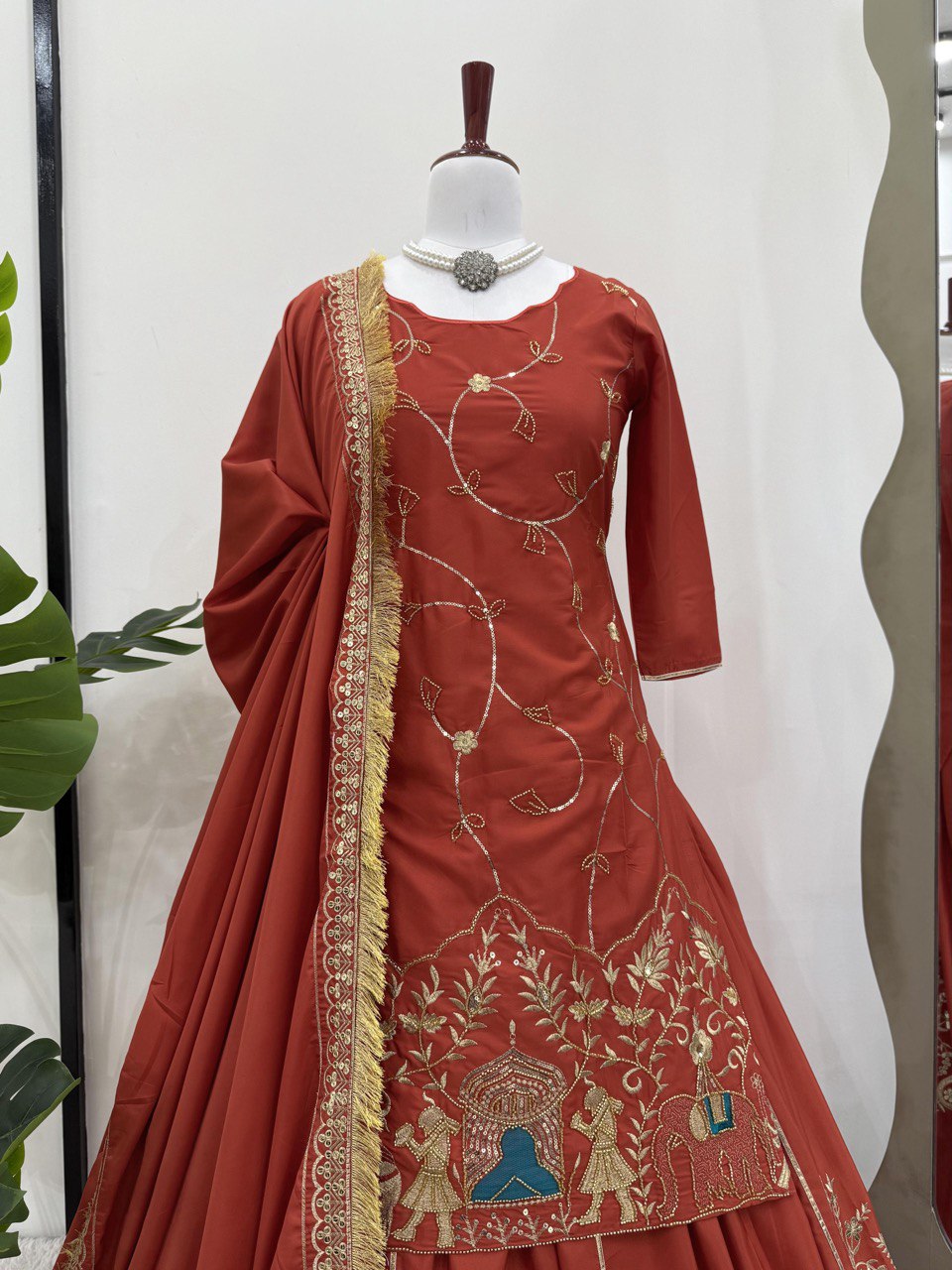 Brown Natural Crepe Silk Embroidered Lehenga Set with Beads, Sequins & Dupatta