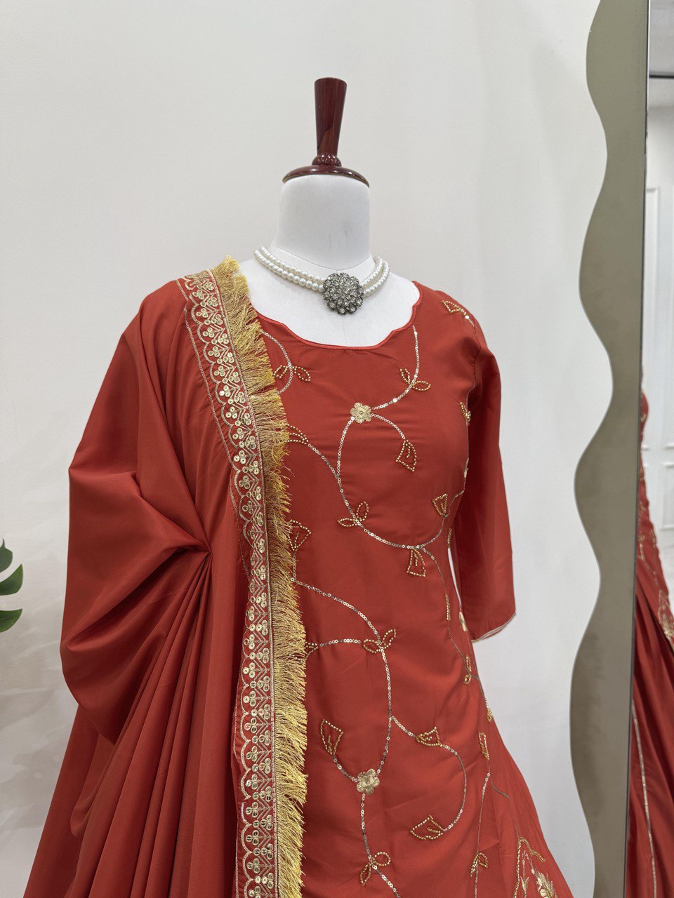 Brown Natural Crepe Silk Embroidered Lehenga Set with Beads, Sequins & Dupatta
