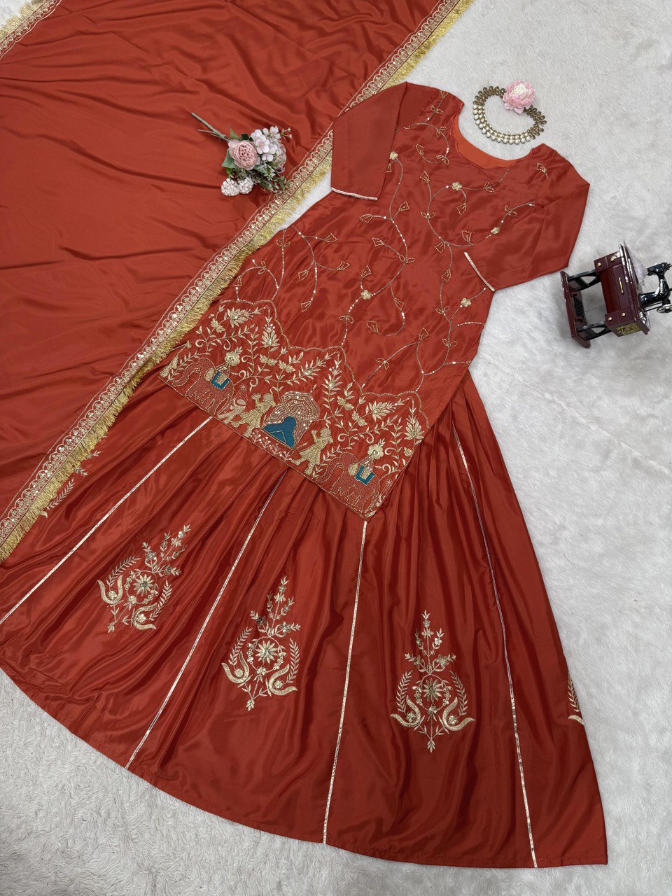Brown Natural Crepe Silk Embroidered Lehenga Set with Beads, Sequins & Dupatta