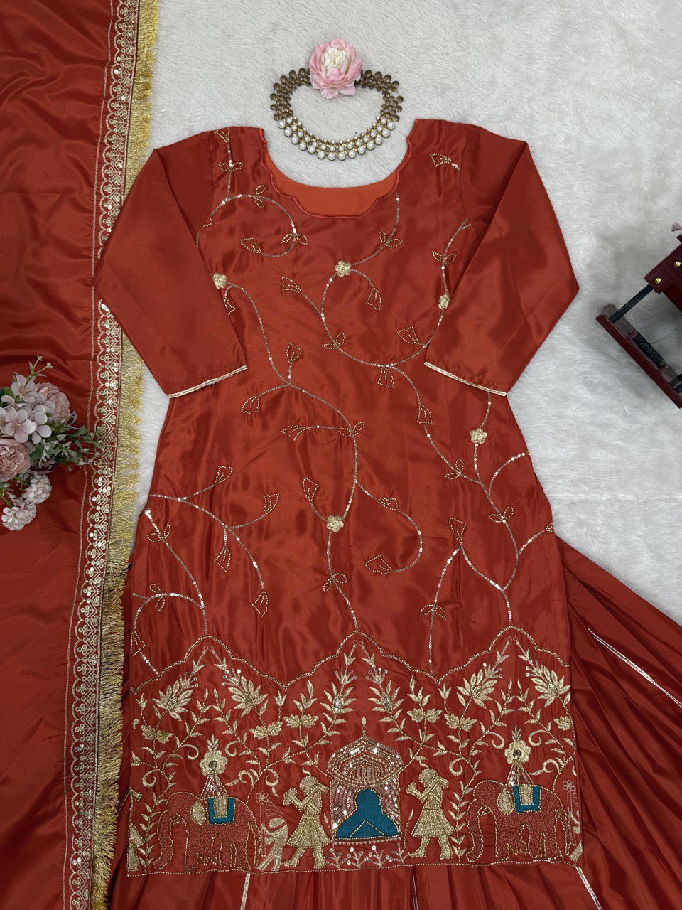 Brown Natural Crepe Silk Embroidered Lehenga Set with Beads, Sequins & Dupatta