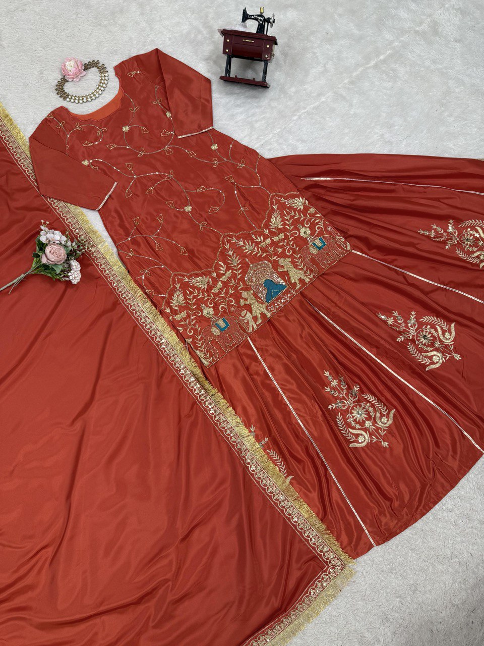 Brown Natural Crepe Silk Embroidered Lehenga Set with Beads, Sequins & Dupatta