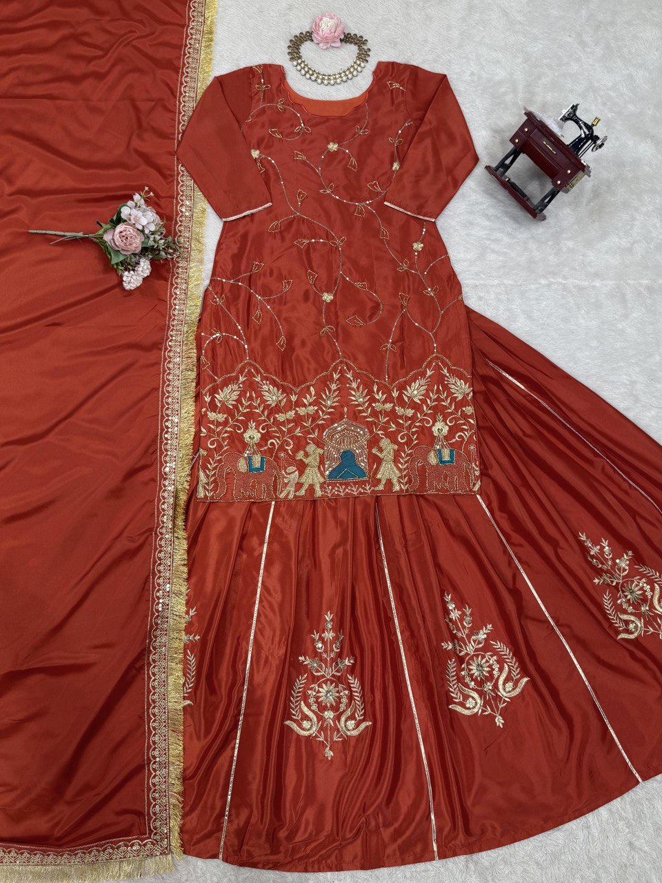 Brown Natural Crepe Silk Embroidered Lehenga Set with Beads, Sequins & Dupatta