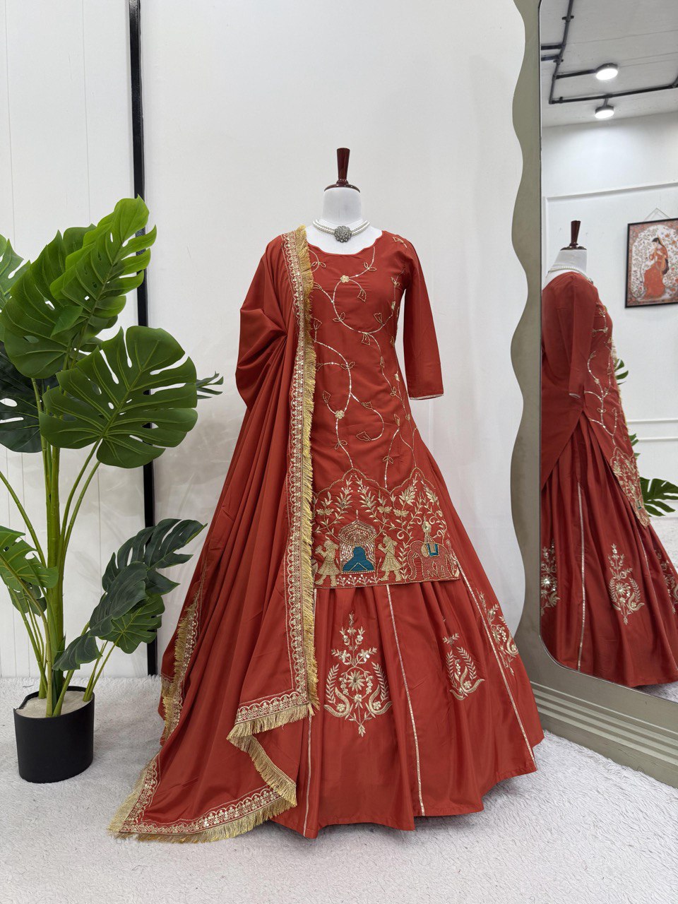 Brown Natural Crepe Silk Embroidered Lehenga Set with Beads, Sequins & Dupatta