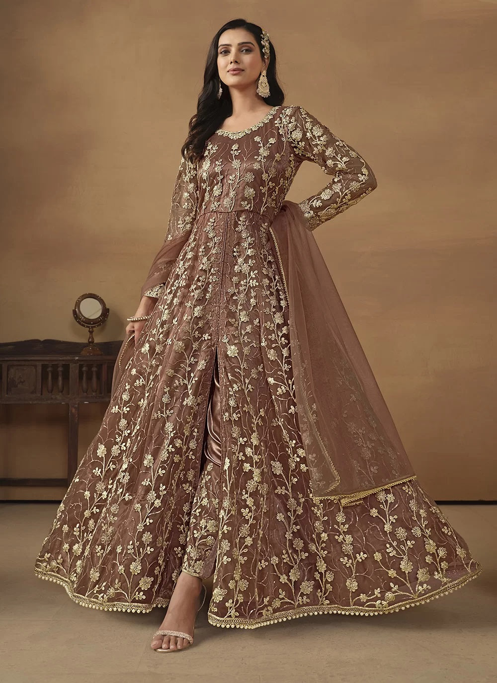 Brown net embroidered work pant style anarkali suit