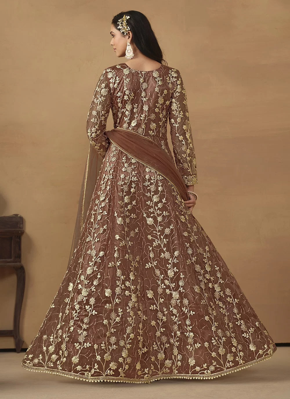 Brown net embroidered work pant style anarkali suit