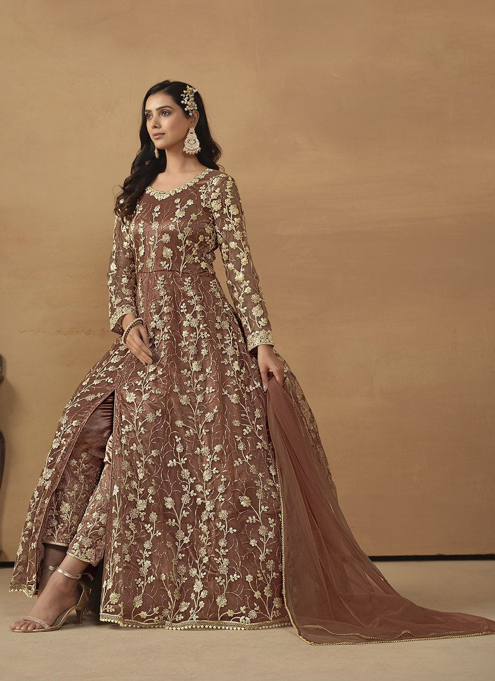 Brown net embroidered work pant style anarkali suit