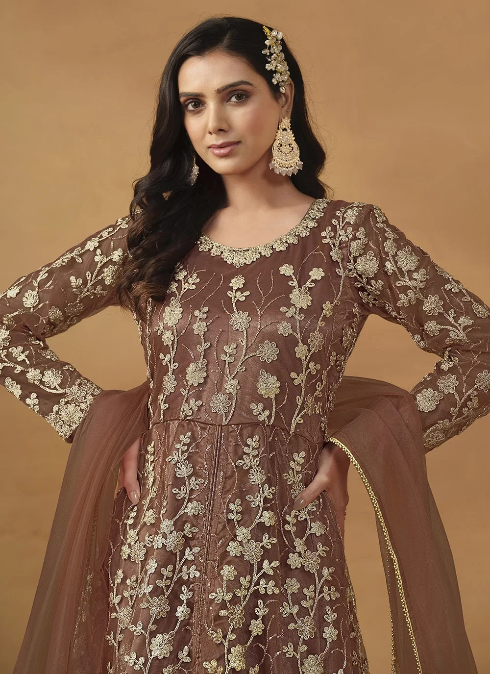Brown net embroidered work pant style anarkali suit