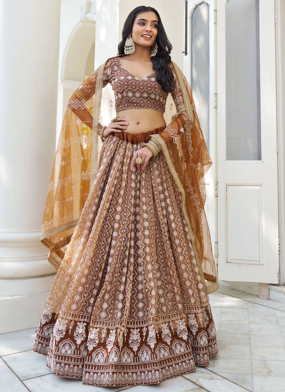 Brown net thread and sequins work party wear indian lehenga