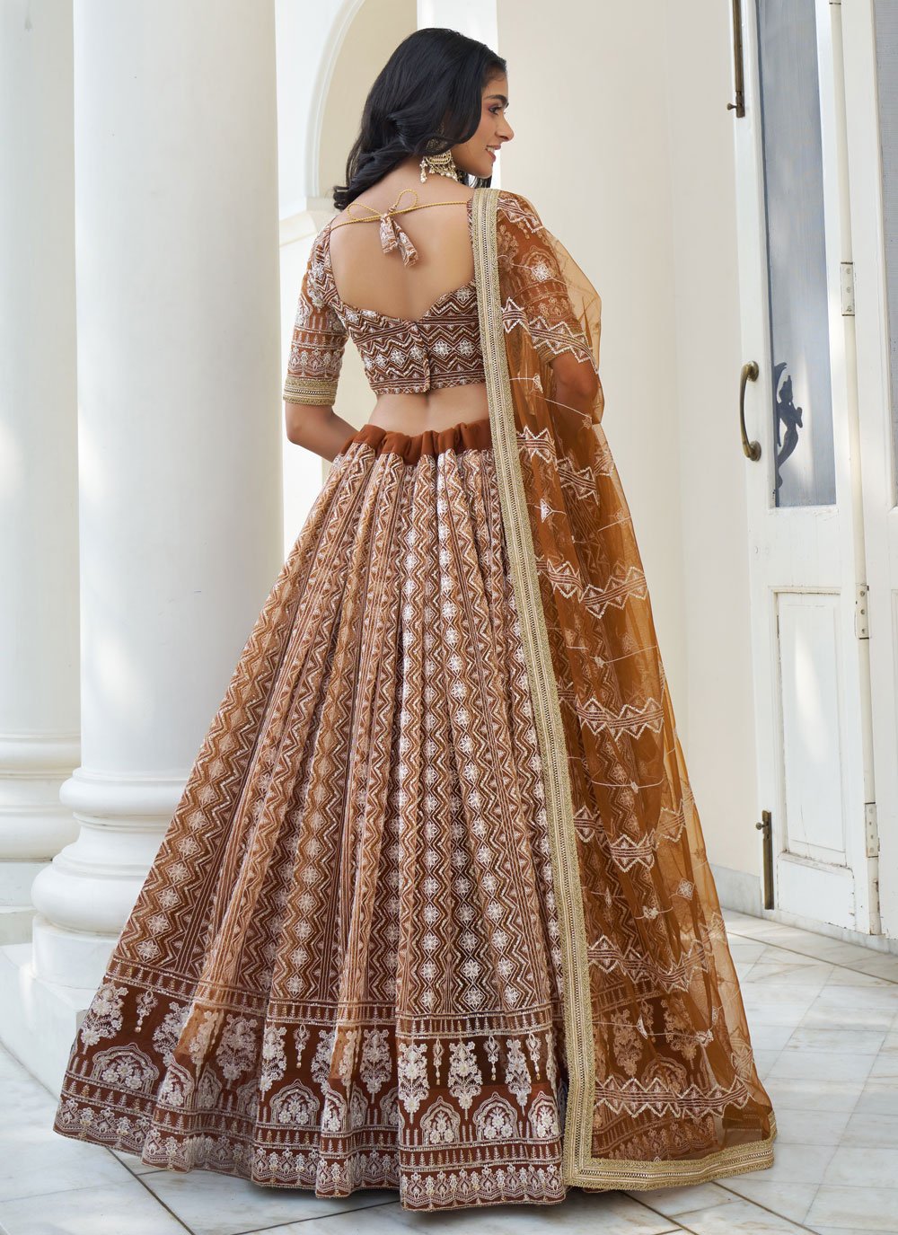 Brown net thread and sequins work party wear indian lehenga