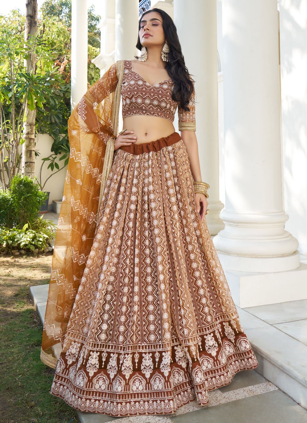 Brown net thread and sequins work party wear indian lehenga