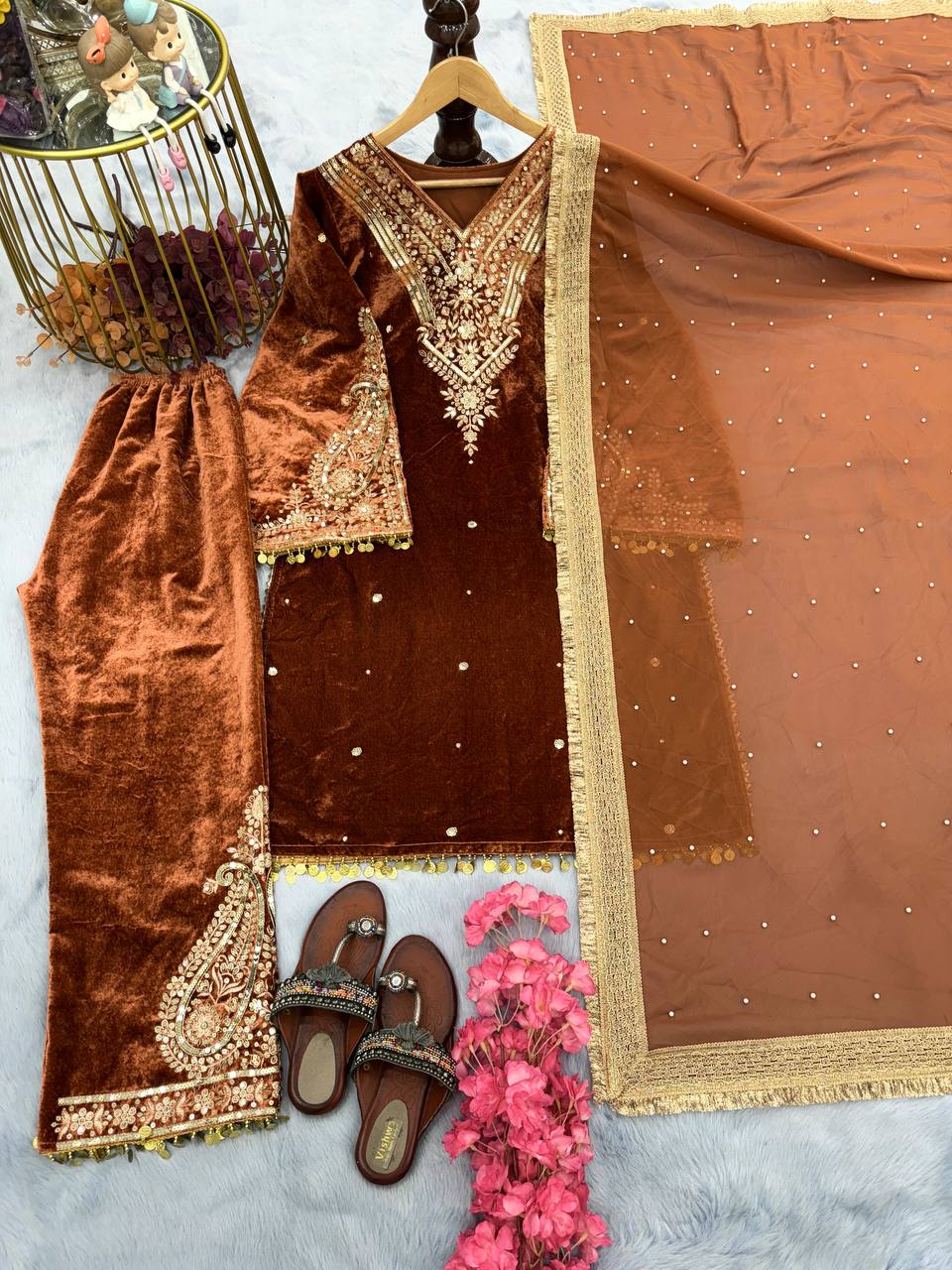Brown Premium Designer Party Wear Velvet Top, Palazzo & Dupatta Set