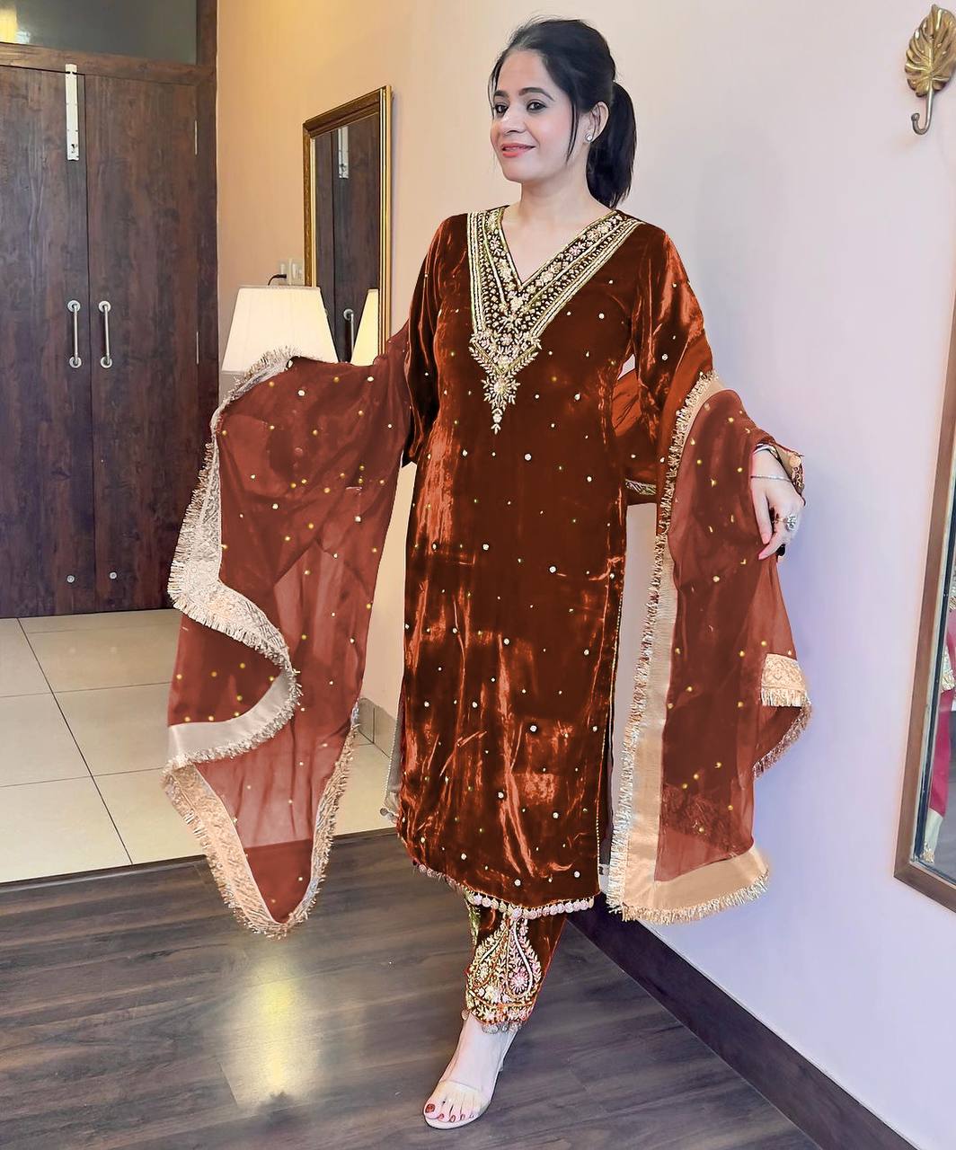 Brown Premium Designer Party Wear Velvet Top, Palazzo & Dupatta Set