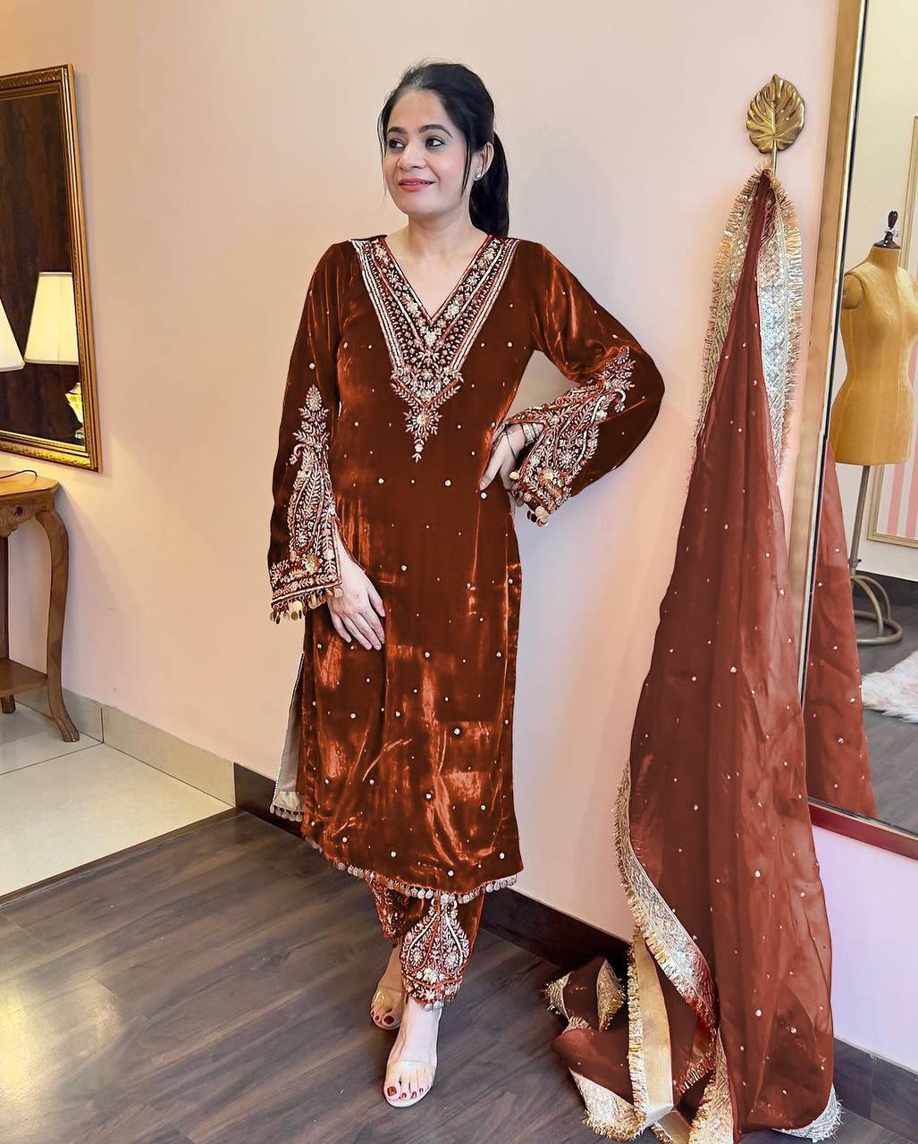 Brown Premium Designer Party Wear Velvet Top, Palazzo & Dupatta Set