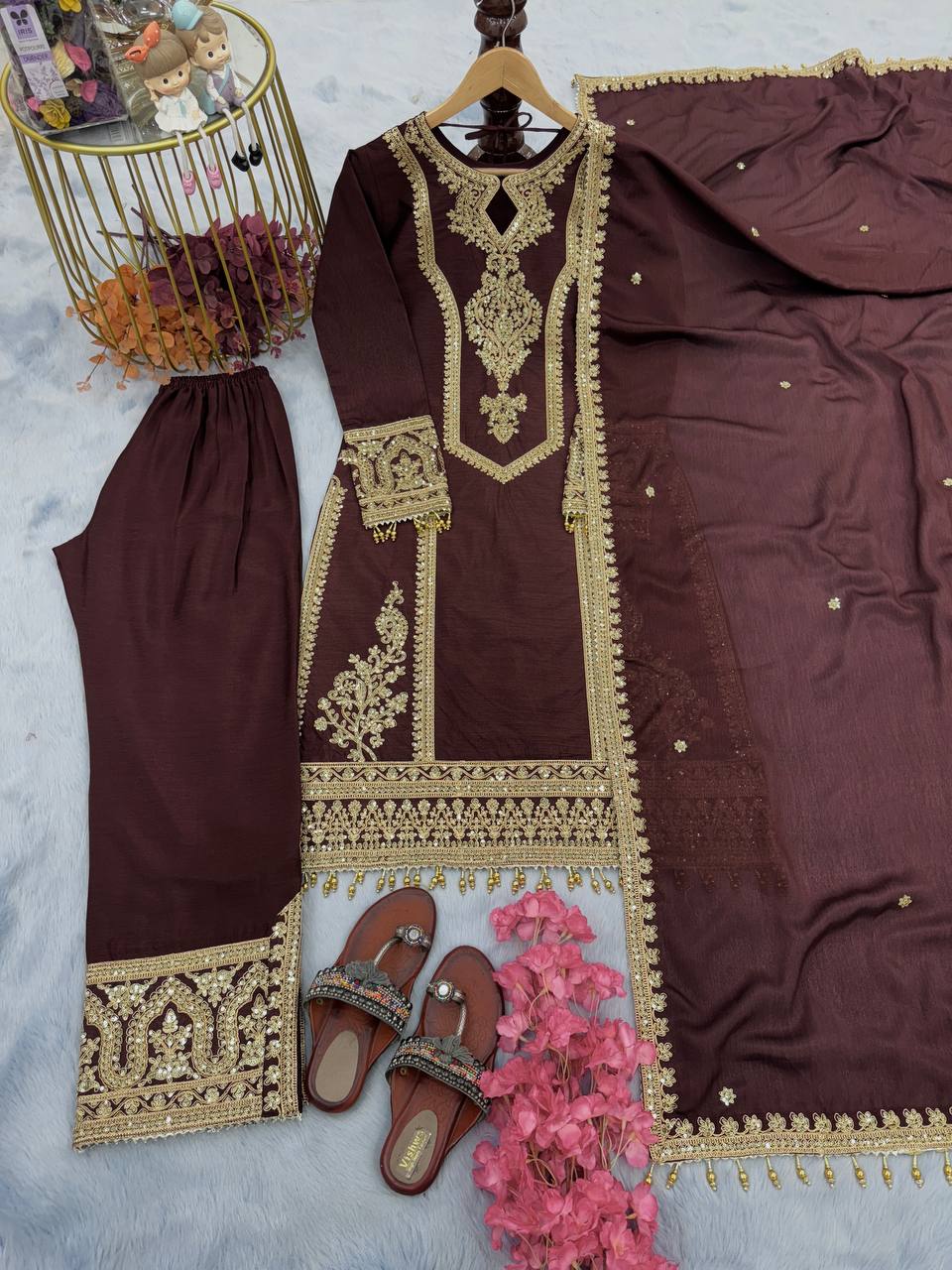 Brown Premium Designer Ready-to-Wear Top, Plazzo & Dupatta Set