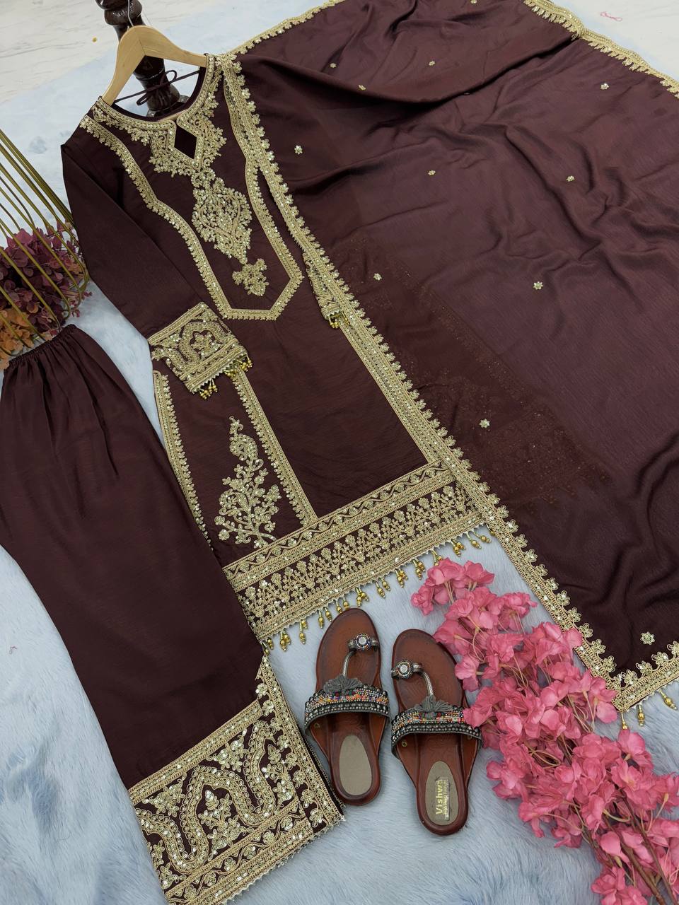 Brown Premium Designer Ready-to-Wear Top, Plazzo & Dupatta Set