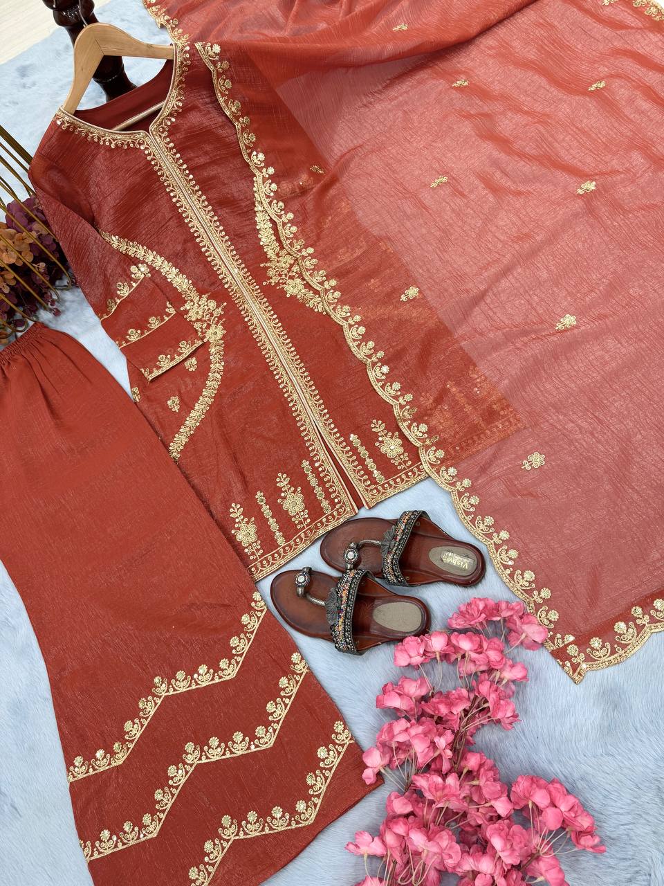 Brown Premium Designer Readymade Top, Plazzo & Dupatta Collection – Party Wear Edition