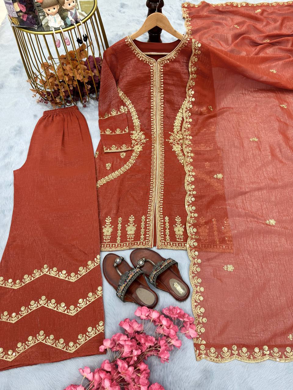Brown Premium Designer Readymade Top, Plazzo & Dupatta Collection – Party Wear Edition