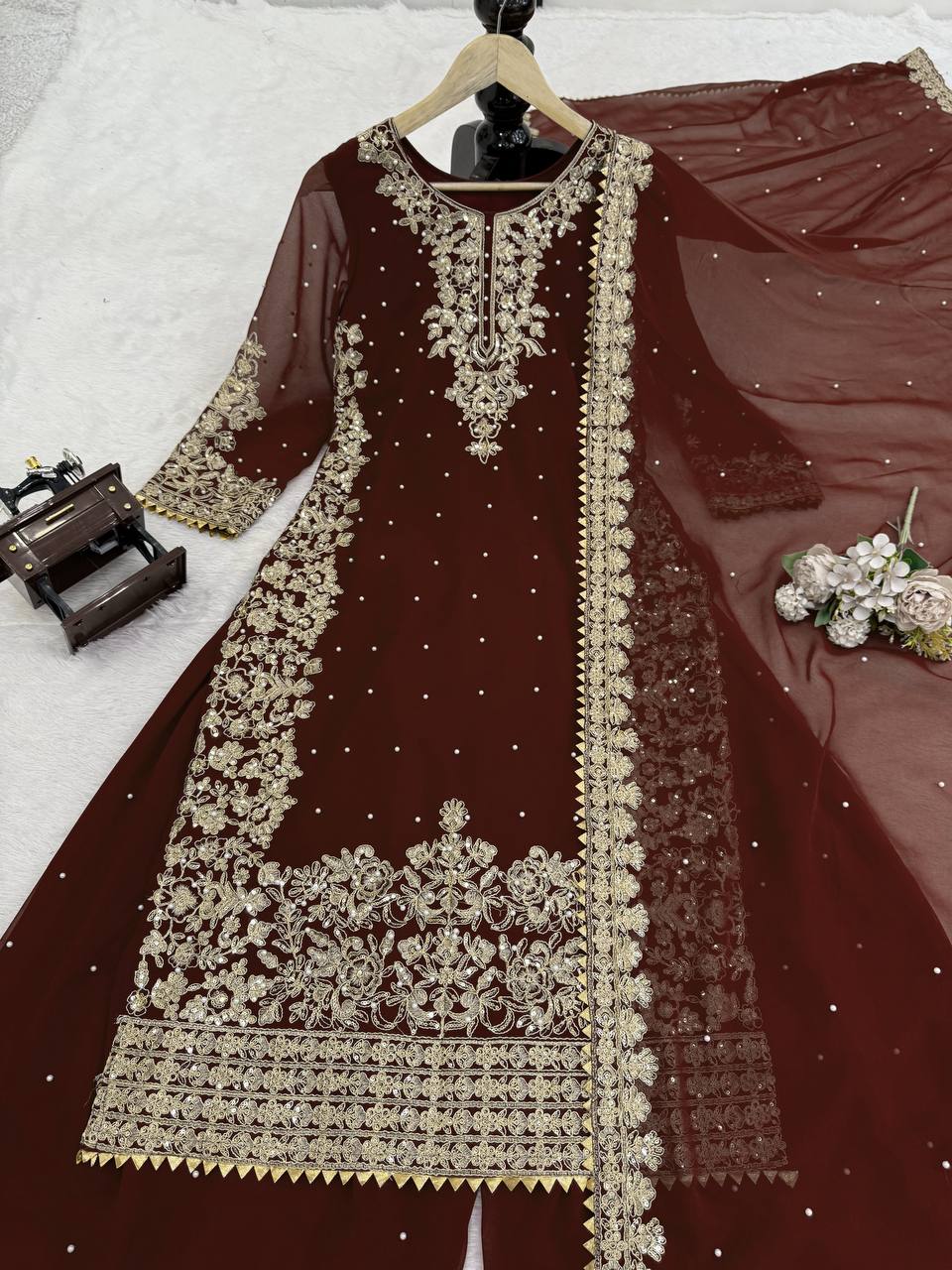 Brown Premium Faux Georgette Top-Plazo Set with Dupatta – Coding, Sequin & Rivet Moti Work